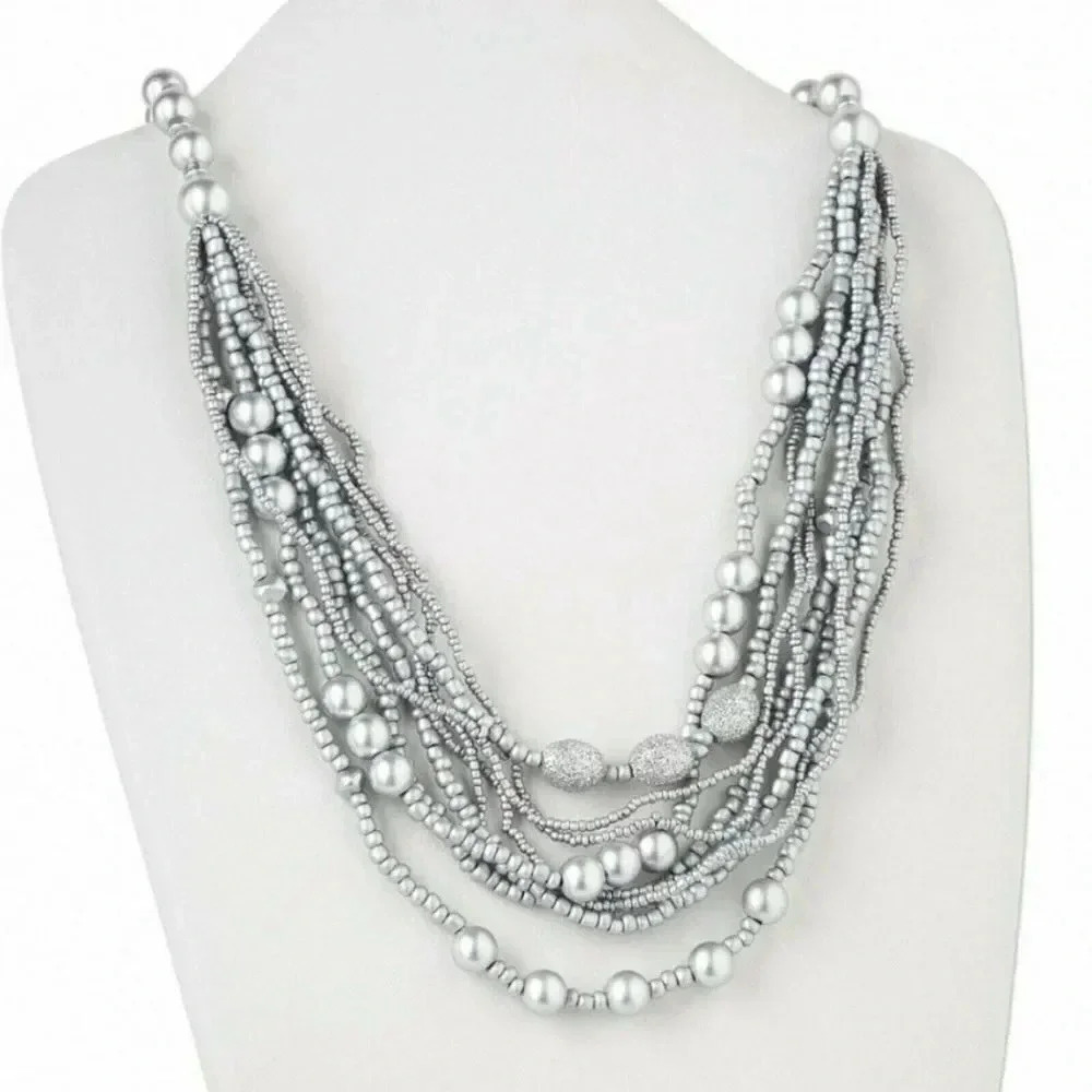Hand Crafted Multi Strand Silver Metallic Round & Oval Wood Beads Long Necklace